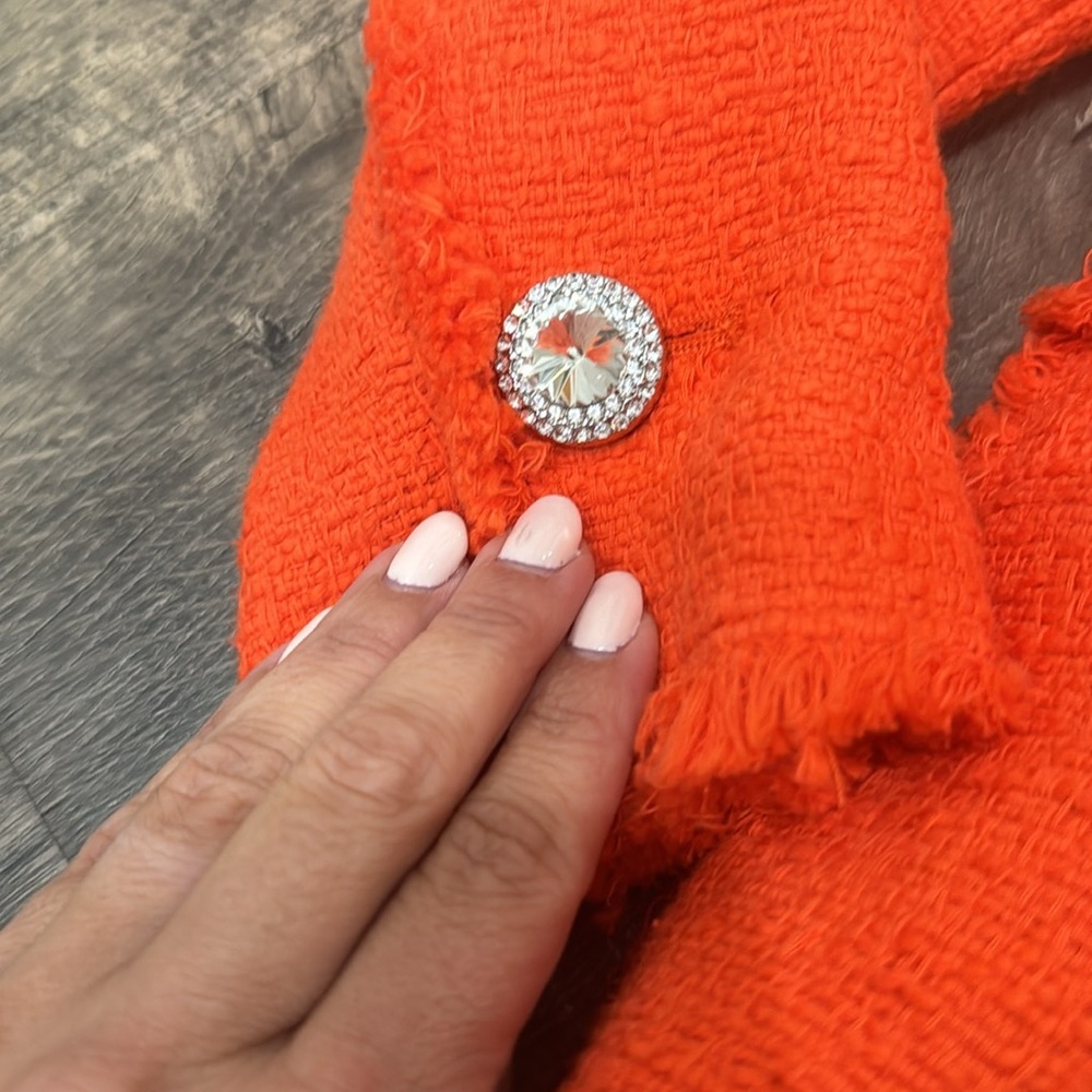 Zara Bright Orange Red Tweed Diamond Button Blazer - Picture 11 of 15
